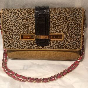 RARE Stunning VBH Brown Leather and Leopard Print Calf Hair Shoulder Bag /Chain